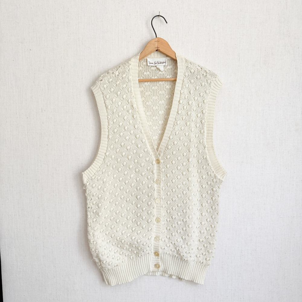 Diane Von Furstenberg Sweater Vest Vintage Popcorn‎ Knit Cardigan Cream Ivory